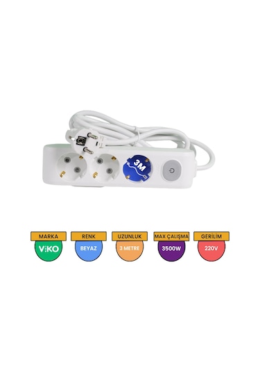 Viko Multi-let 3'lü Grup Priz Anahtarlı Topraklı Çocuk Korumalı 3 Metre Beyaz - 90117303