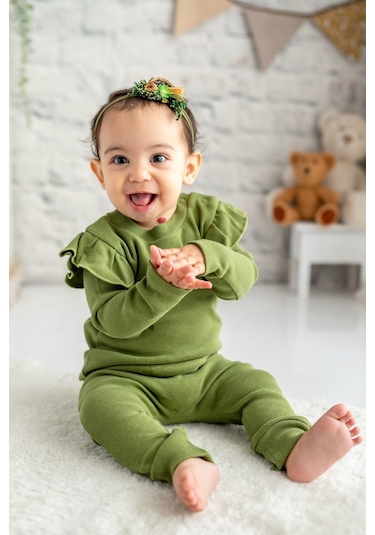 Gots Sertifikalı %100 Organik Pamuk Fırfırlı Sweatshirt Ve Pantolon Takım 0 - 4yaş - 5317 - Haki