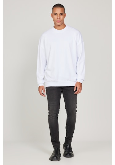 AC&Co / Altınyıldız Classics Erkek Beyaz Standart Fit Normal Kesim İçi Polarlı Bisiklet Yaka Sweatshirt Beyaz