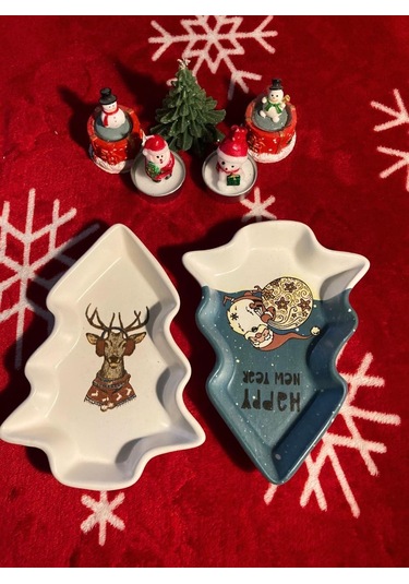 Yılbaşı Temalı 2'li Ağaç Tasarımlı Desenli Seramik Sunum Servis Tabağı 17x12 Cm Geyikli Ve Noel Babalı