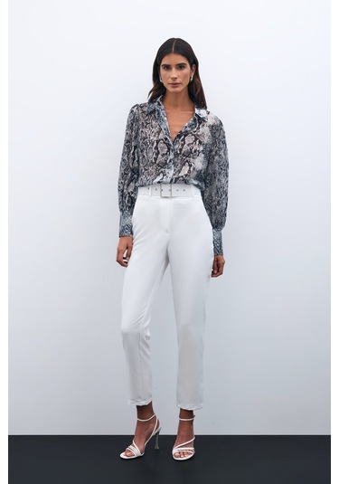 Sateen Yüksek Bel Kemerli Pantolon - Ekru