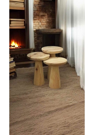 Masif Doğal Ahşap Mantar Sehpa Takımı Naturel Renk 3 Lü Zigon