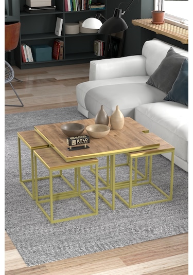 Orta Sehpa Ve Zigon Sehpa 5'li Lüx Set Altın Ceviz