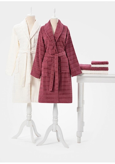 Özdilek Land Koyu Pembe Krem Pamuk Aile Bornoz Seti Krem