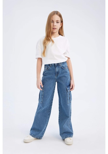 DeFacto Kız Çocuk Wide Leg Kargo Geniş Bol Paça Pamuklu Jean Pantolon D7091A825SMNM28 Mavi