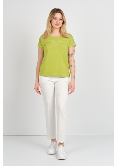 Ella Camelia Kadın Düşük Kollu Taş Süsleme Detaylı Bisiklet Yaka Bluz 24e116 Açık Yeşil Açık Yeşil