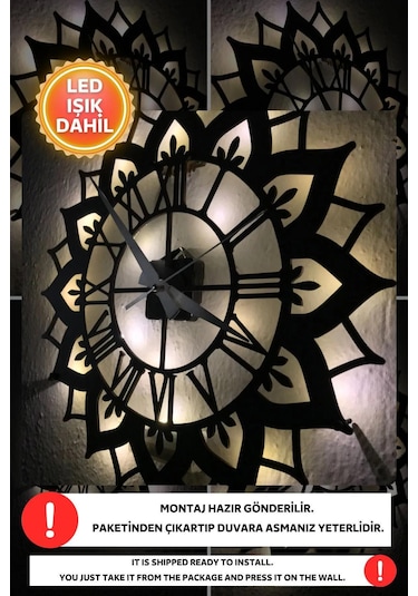 Led Işıklı Çiçek Duvar Saati Sessiz Dekoratif Modern Siyah Duvar Siyah