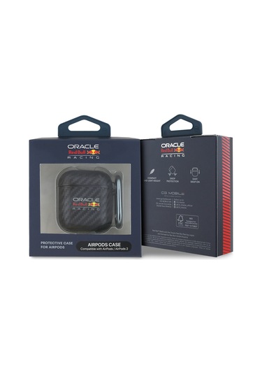Airpods Uyumlu Kılıf Redbull Lisanslı Pu Karbon Fiber Tasarımlı Askı Aparatlı Kapak Siyah
