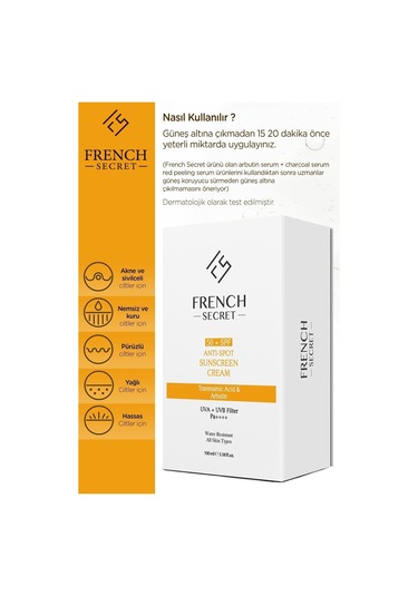 French Secret Yüksek Koruyucu Leke Karşıtı 50 +SPF Güneş Kremi 100 ML (Tranexamic Acid+Arbutin)