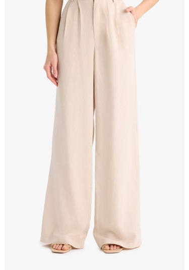 DeFacto Wide Leg Keten Karışımlı Pantolon Normal Bel Geniş Paça Cepli Fermuarlı Standart Boy E6210AX25SPBG286