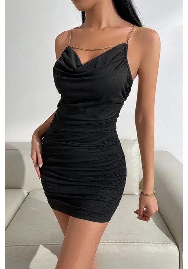 Zincirli Mini Elbise Siyah