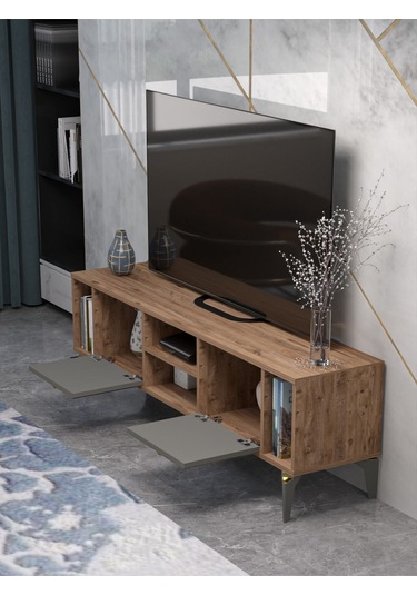 Tv Sehpası Tv Ünitesi Atlantik Çam Antrasit Gold 160 Cm Linya 5040 Kahverengi