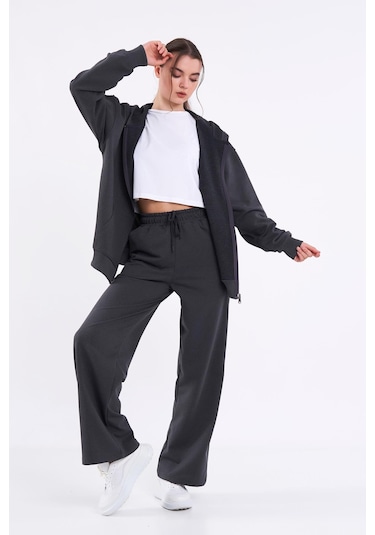 Kadın Antrasit Normal Kalıp Basic Beli Lastikli Kapüşonlu Oversize Mevsimlik Alt Üst Eşofman Takımı Cmre7367 Antrasit