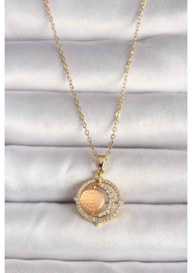 316l Çelik Gold Renk Zirkon Taşlı Turuncu Sedefli Hilal Model Kadın Kolye Çok Renkli