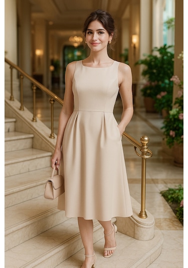 Lela Bisiklet Yaka Regular Fit Cepli Pileli Midi Bayan Elbise 6051963 Taş