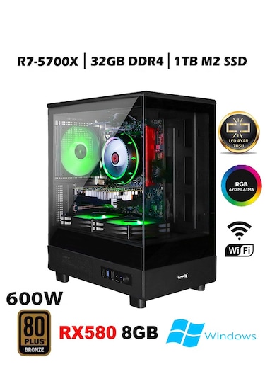 Turbox TC87 R7-5700X 32 GB 1 TB SSD RX580 8 GB W11P Masaüstü Oyuncu Bilgisayarı