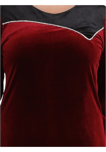 Nidya Moda Kmbinli Abiye Kadife Elbise 4073B Bordo