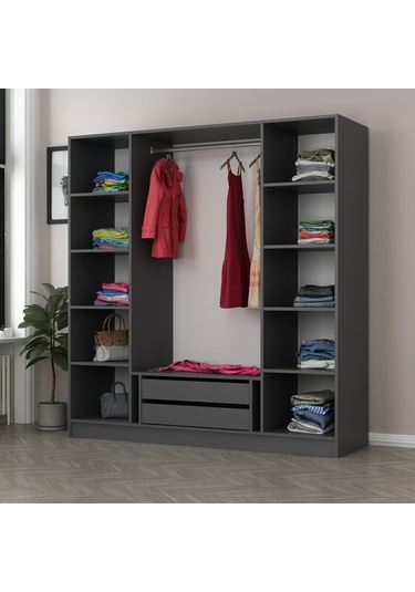Minar Kale 4 Kapaklı 2 Aynalı 2 Çekmeceli Dolap Antrasit Dore 210cm Çok Renkli