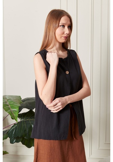Keten Şık Farklı Tarz Nevin Bluz - Modern Ve Zarif Tasarım Siyah