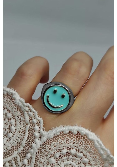 Gümüş Renk Turkuaz Mineli Gülen Surat Yüzük Ayarlanabilir Her Parmağa Olur - 2298 Altın