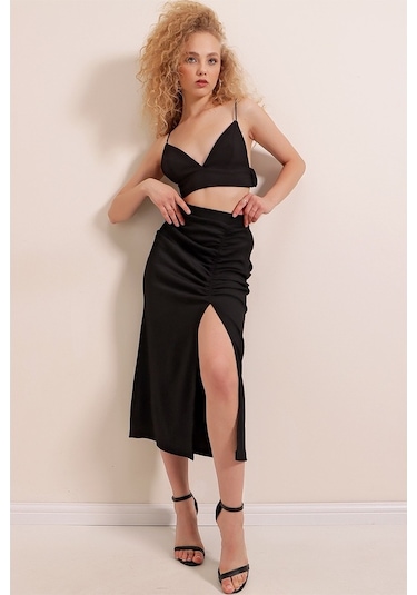Gabria Kadın Büzgülü Yırtmaçlı Etek Siyah (553514403)