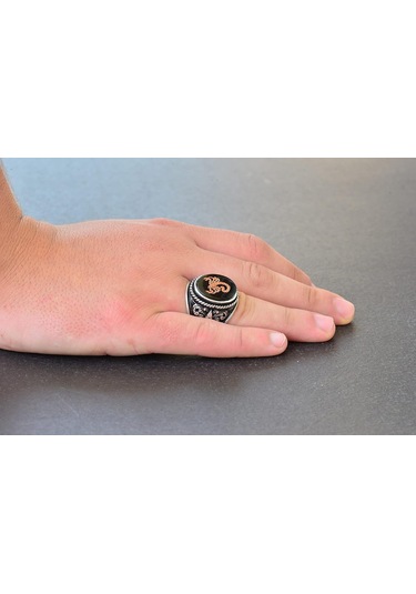 Akrep Hayvan Yüzüğü - Erkekler İçin Sterlin Gümüş Zambak Desenli Büyük Yüzük Gümüş