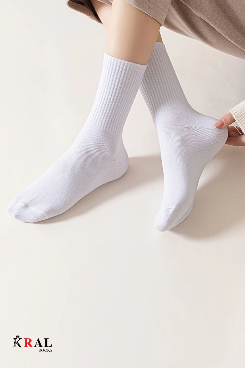 Unisex Beyaz 6 Çift Pamuklu Tenis Spor Uzun Soket Boy Çorap Beyaz