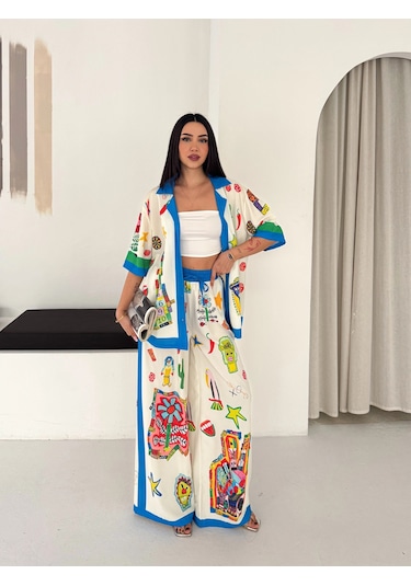 Asprin Fashion Egzotıc Baskılı Gömlek Pantolon Tkım Mavi