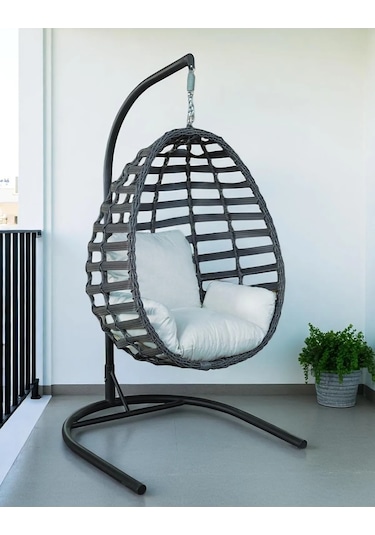 Armut Salıncak Tek Kişilik Rattan Örgü Bahçe Balkon Ev Salıncağı Gri