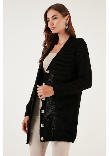 Lela Regular Fit V Yaka Düğmeli Triko Örme Uzun Bayan Hırka 4615044 Siyah