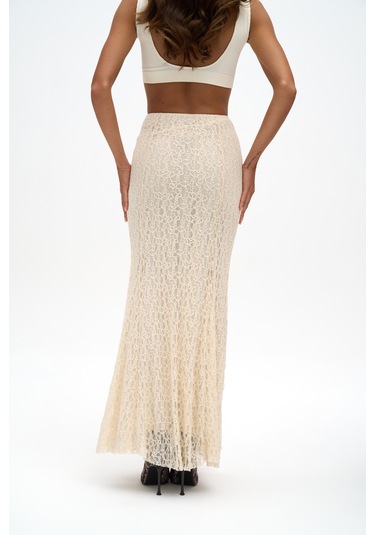 Veylia Uzun Bej Dantel Etek Bej