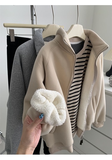 Snapbuy İçi Polarlı, Fermuarlı, Dik Yaka Kadın Sweatshirt Ceket Krem