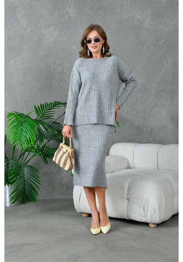 Kadın Bisiklet Yaka Uzun Kazak Etek İkili Triko Takım Gri