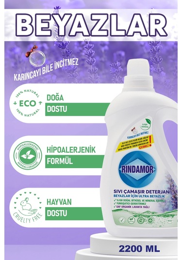 % 100 Doğal Bitkisel Sıvı Çamaşır Deterjanı Organik Lavanta Yağlı - Beyazlar İçin Ultra Beyazlık 2200 ML