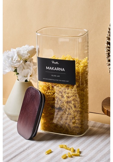 Peter Bambu Kapak Borosilikat Dikdörtgen Cam Kavanoz 1800 Ml 8x12x25 Cm 4 Adet Etiketli Seffaf Şeffaf