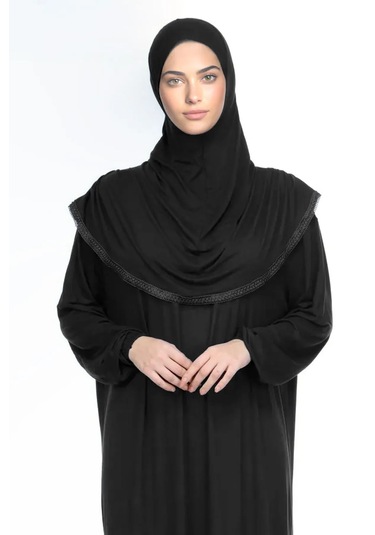 Kadın Tesettür Pamuklu Başörtülü Namaz Elbisesi Dantelli Tek Parç Siyah