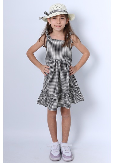 Kız Çocuk Şapkalı Elbise Kareli Fiyonklu B33 Siyah