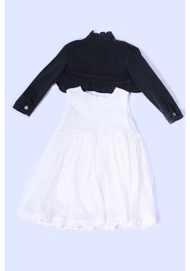 Kız Çocuk Kot Ceketli Elbise Fırfırlı Dantelli Taş İşlemeli F19 KREM