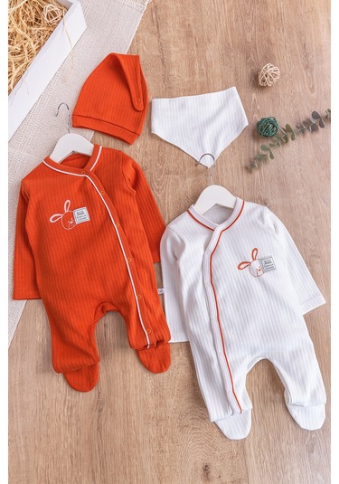 Tavşan Figürlü 2'li Uzun Kollu Kız/erkek Bebek Tulum Takım Bej