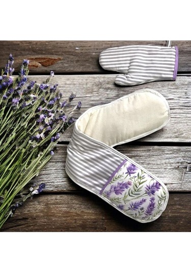 Lavanta Desen 4 Lü Mutfak Seti Mutfak Önlüğü, Fırın Eldiveni, E