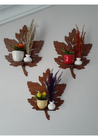 Alshop Ahşap Yaprak Duvar Süsü Dekoru Rafı Mumluk Aplik Tablo 3'lü