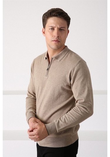 Ferraro Bej Polo Yaka Fermuarlı Erkek Pamuk Kazak Bej