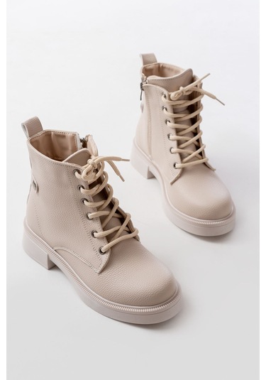 02-2003 Bej Galata Bağcıklı Fermuarlı Günlük Kadın Bot Beyaz