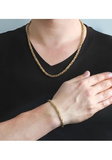 Gold Erkek Çelik Kral Zincir Kolye Bileklik Set 4mm Gold