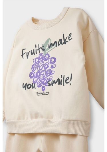 Defacto Kız Bebek 2li Takım İçi Yumuşak Tüylü Baskılı Sweatshirt Eşofman Altı F0559a525wner42 Ekru
