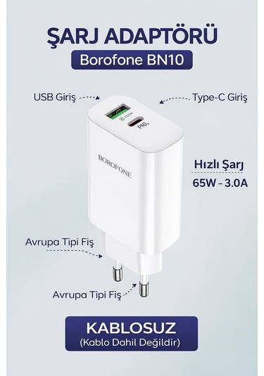 Bn10 65w Süper Hızlı Şarj Aleti Type-c Pd & Usb-a Qc Çift Portlu Adaptör