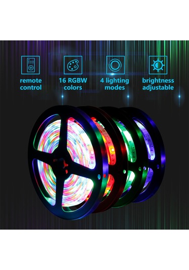 Kosona 5m Usb Rgb Renkli Led Işık Şeridi 16 Renkli Kumanda Kontrollü 4 Modlu Dekoratif Aydınlatma Kumanda Pil Yok