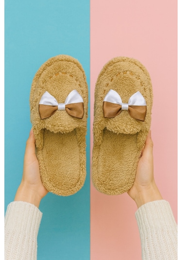 Golden Fiyonklu Kapalı Kadın Ev Terliği Günlük Rahat Kışlık Terlik Taba