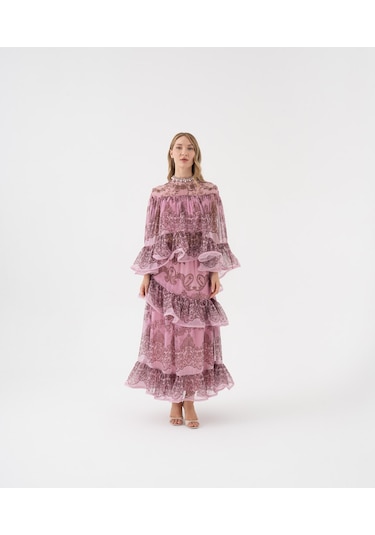 Dantel Desenli Katlı Şifon Volanlı Bluz Mor