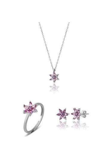 Zanaatsilver 925 Ayar Gümüş Ametist Taşlı Rodyum Kaplama Nilüfer Çiçeği Takım